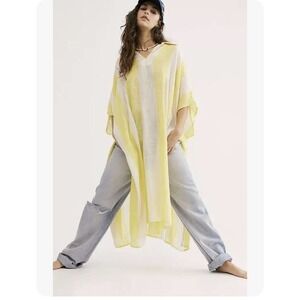 Free People Yellow Shore Things Stripe Oversized Kaftan Coverup Poncho OS